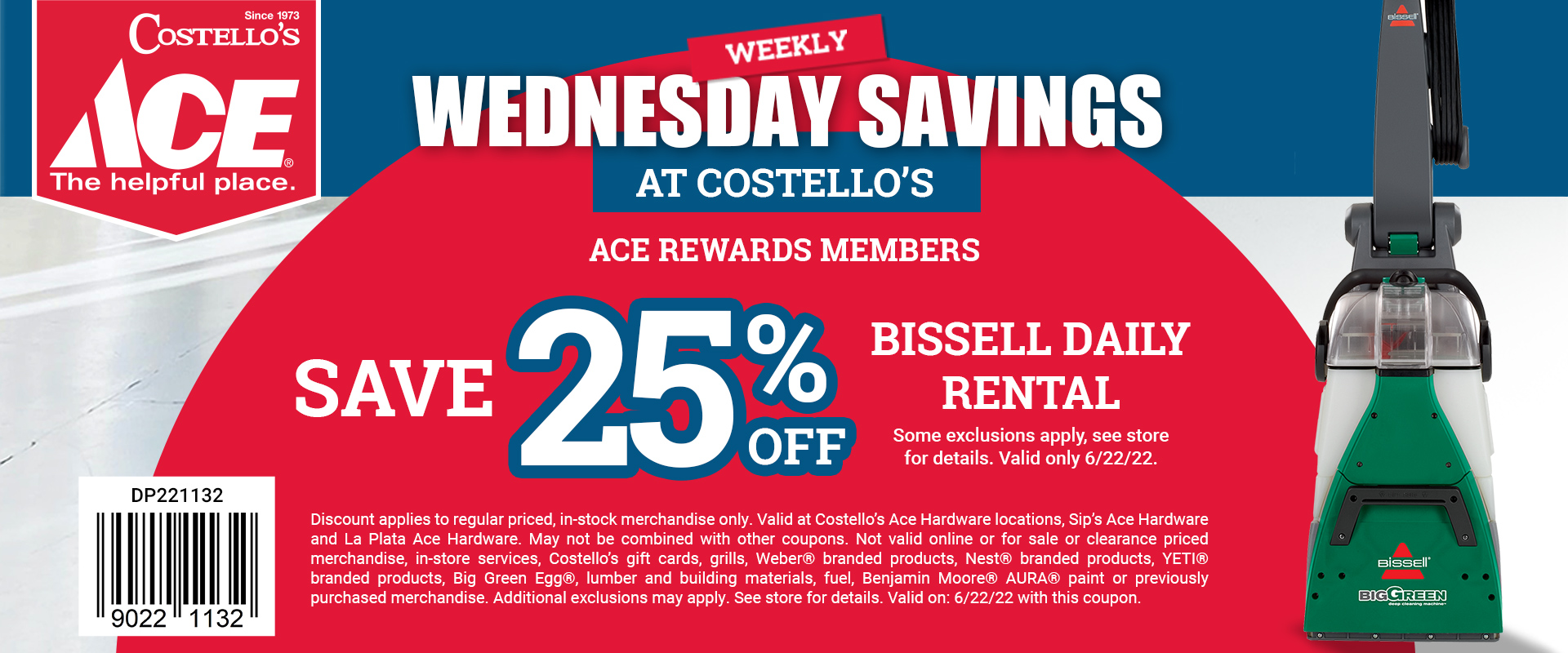 Wednesday Services Bissel Rental Coupon Costello's Ace